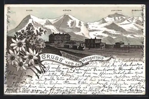 Lithographie Wengernalp, Kl. Scheidegg mit Eiger, Mönch und Jungfrau
