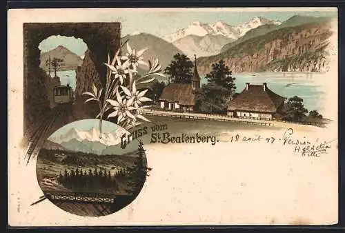 Lithographie St. Beatenberg, Ansicht der Ortschaft, Eisenbahnbrücke und St. Beatenberg