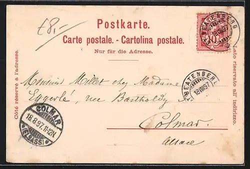 Lithographie St. Beatenberg, Ansicht der Ortschaft, Eisenbahnbrücke und St. Beatenberg