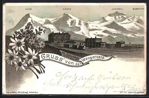 Lithographie Wengernalp, Kl. Scheidegg mit Eiger, Mönch und Jungfrau
