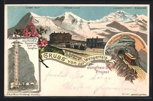 Lithographie Wengernalp, Bergbahn fährt in Tunnel, Elevator & Restaurant im Gipfel der Jungfrau, Eiger