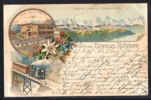 Lithographie Rothorn-Kulm, Das Hotel, Bergbahn auf dem Mühlebach-Viaduct, Panorama gegen Berner Alpen