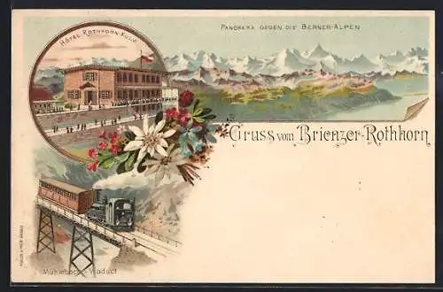 Lithographie Rothorn-Kulm, Das Hotel, Bergbahn auf dem Mühlebach-Viaduct, Panorama gegen Berner Alpen