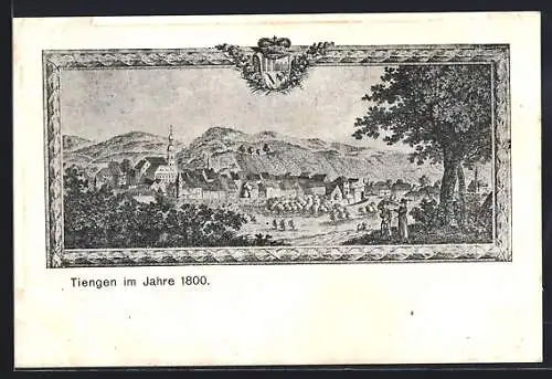 Künstler-AK Tiengen / Waldshut, Teilansicht im Jahre 1800, Wappen