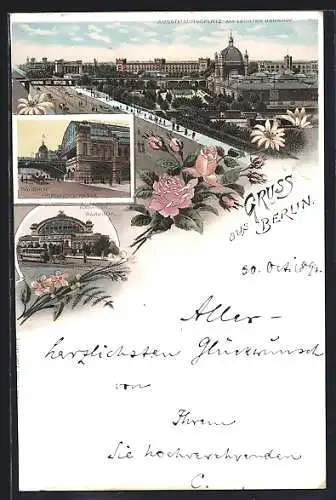 Vorläufer-Lithographie Berlin, 1894, Ausstellungsplatz am Lehrter Bahnhof, Bahnhof Friedrichstrasse, Anhalter Bahnhof