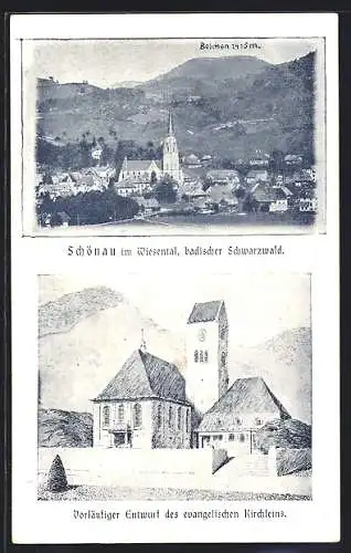 AK Schönau / Schwarzwald, Entwurf des evangelischen Kirchleins, Ortsansicht