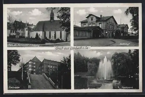 AK Limbach / Sa., Ortsansichten mit Bahnhof, Stadtpark und Freitreppe