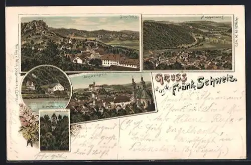 Lithographie Streitberg / Fränk. Schweiz, Totalansicht, Muggendorf, Gössweinstein