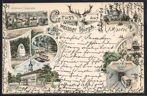 Lithographie Weisser Hirsch, Kurhaus, Dr. Lahmanns Sanatorium, Grabmal