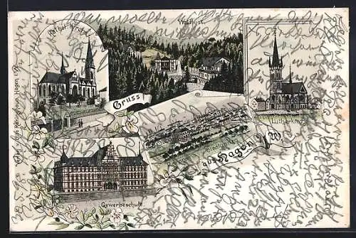 Lithographie Hagen / Westfalen, Kath. Kirche, Lutherkirche, Gewerbeschule