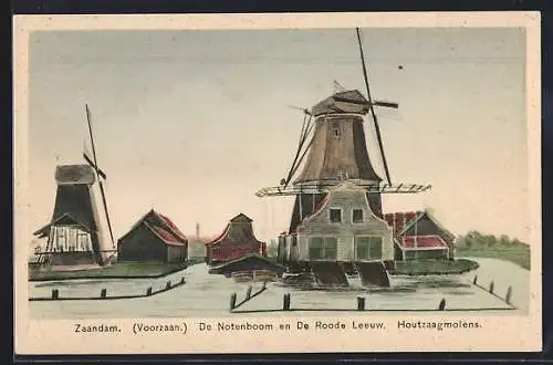 AK Zaandam /Voorzaan, De Notenboom en De Roode Leeuw, Houtzaagmolens