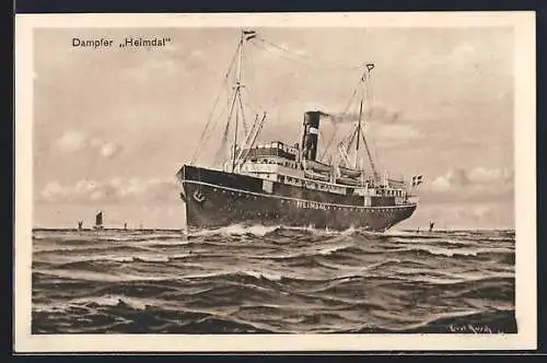 Künstler-AK Dampfer Heimdal auf See