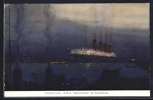AK R.M.S. Mauretania fährt vor Cherbourg bei Nacht, Cunard Line, Passagierschiff