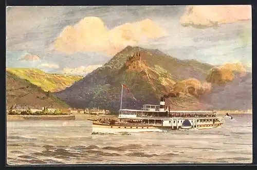 Künstler-AK Köln-Düsseldorfer Rheindampferschiffahrt, Dampfer vor Burg Katz