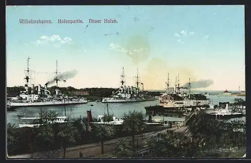 AK Wilhelmshaven, Hafenpartie. Kriegsschiffe im Neuen Hafen