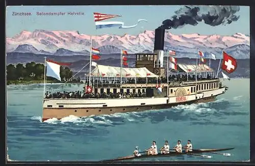 AK Salondampfer Helvetia auf dem Zürichsee, Ruderboot