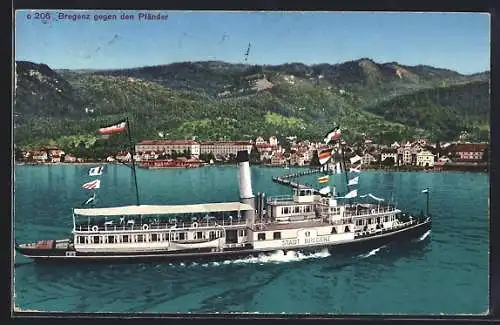 AK Bregenz gegen den Pfänder, Seitenraddampfer Stadt Bregenz