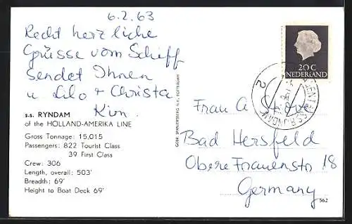 AK Passagierschiff S.S. Ryndam in voller Fahrt