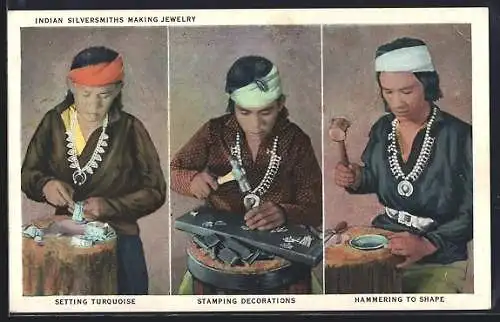AK Indianer, Indian Silversmiths making Jewelry, Setting Turquoise, Stamping Decorations, Hammering to Shape