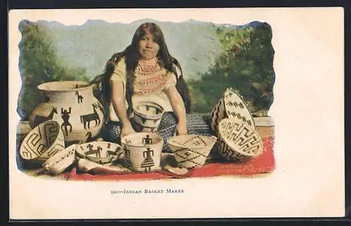Präge-AK Indian Basket Maker, Indianische Korbflechterin