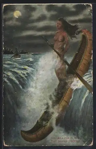 Künstler-AK Niagara Falls, NY, The Indian Legend, Indianerfrau im Boot bei Mondschein