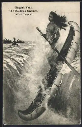 Künstler-AK Niagara Falls, The Maiden`s Sacrifice, Indian Legend, Indianerin im Boot