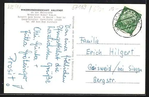 AK Kallstadt / Weinstrasse, Generalansicht, Winzergenossenschaft, Wappen, Weintraubenreben