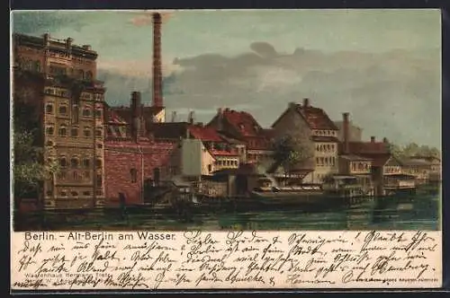 Lithographie Berlin, Partie am Wasser mit Industrie und Schiff