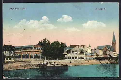 AK Biebrich / Rhein, Rheinpartie mit der Kirche