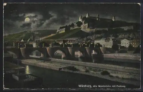 AK Würzburg, Alte Mainbrücke mit Festung