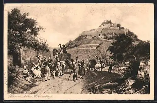 AK Rothenberg /Stuttgart, Blick auf das Stammschloss Wirtemberg mit feiernden Menschen nach der Weinernte