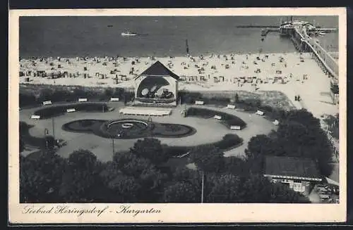 AK Heringsdorf / Seebad, Kurgarten und Strandpartie aus der Vogelschau