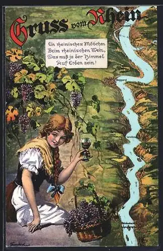 AK Ein rheinisches Mädchen beim rheinischen Wein, das muss ja der Himmel auf Erden sein