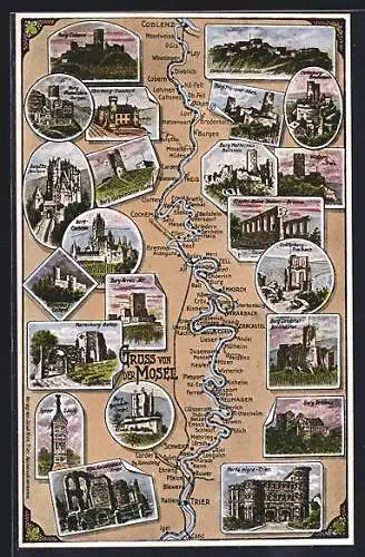 AK Cochem, Karte der Mosel mit angrenzenden Ortschaften