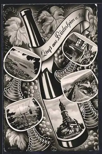 AK Rüdesheim a. Rh., Gasthaus Drosselhof, Seilbahn und Rheinstrasse