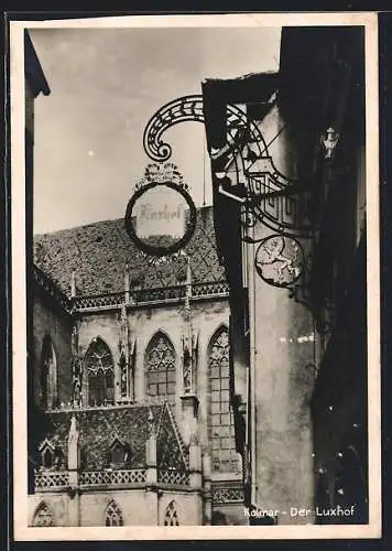 AK Kolmar, Gasthaus Luxhof mit Kirche