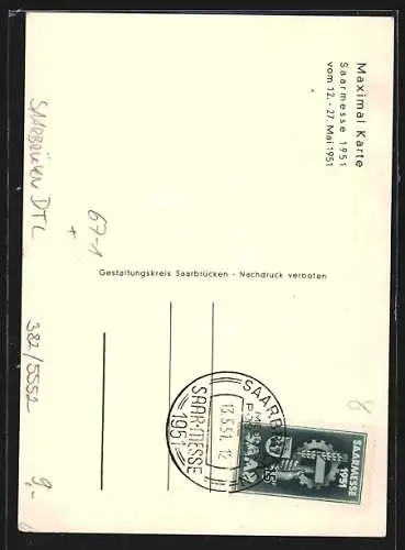 AK Saarbrücken, Saarmesse 1951, Ausstellungsplakat mit Hammer, Zahnrad, Wappen