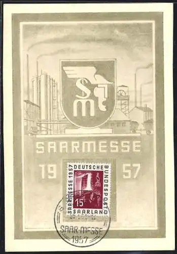 AK Saarbrücken, Saarmesse 1957, Plakatmotiv mit Fabrik und Wappen