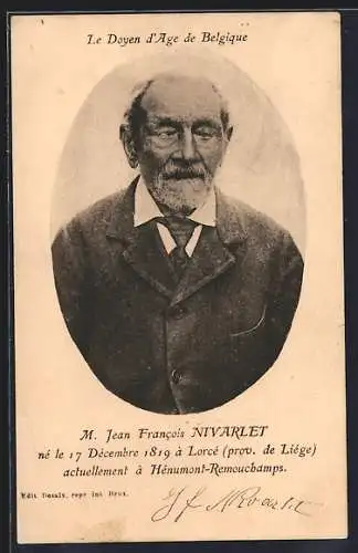 AK Hénumont-Remouchamps, Jean Francois Nivarlet, Portrait, Le Doyen d`Age de Belgique