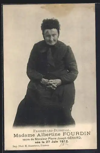 AK Frasnes-lez-Buissenal, Albertine Fourdin, veuve de Pierre Joseph Gérard, Portrait
