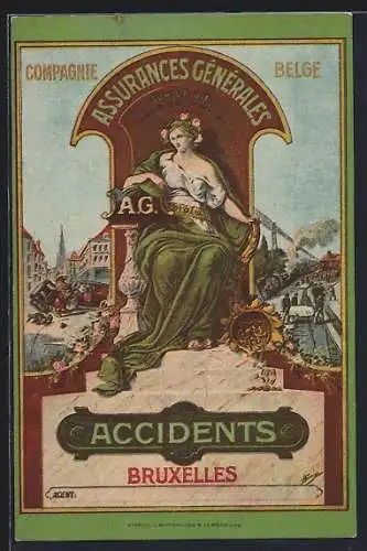 AK Bruxelles, Acccidents, Assurances Generales sur la vie, Thronfigur, Autounfall, Bahnarbeiter