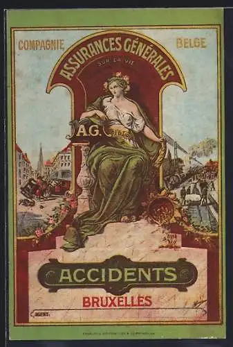 AK Bruxelles, Acccidents, Assurances Generales sur la vie, Thronfigur, Autounfall, Bahnhof mit Schienenarbeitern
