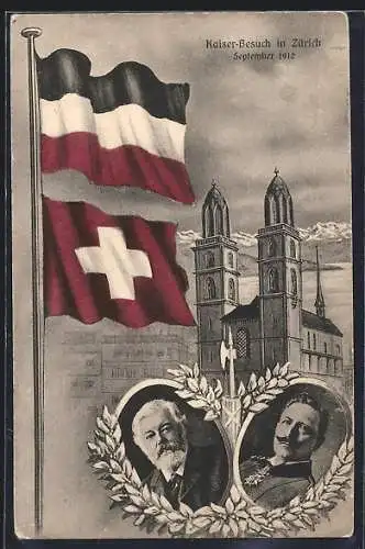 AK Zürich, Kaiser-Besuch 1912, Turmgebäude, Flaggen, Portraits