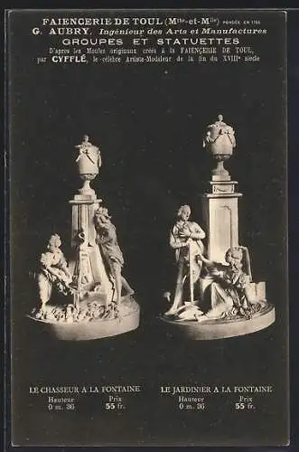 AK Toul, Faiencerie, Groupes et Statuettes par Cyfflé: Le Chasseur a la Fontaine, Le Jardinier al la Fontaine