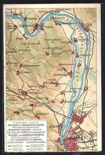 Landkarten-AK Budapest, Linie der Kgl. Ung. Fluss- u. Seeschiffahrts AG von Budapest bis Dömös