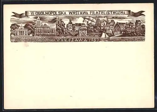 AK Warszawa, Ogolnopolska Wystawa Filatelistyczna 1957, Stadtpanorama mit Segelboot
