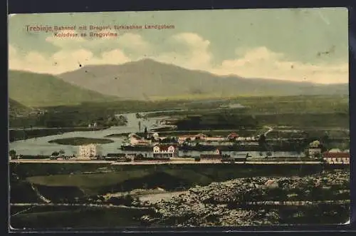 AK Trebinje, Bahnhof mit Beregovi / türkischen Landgütern, Ansicht aus der Vogelschau
