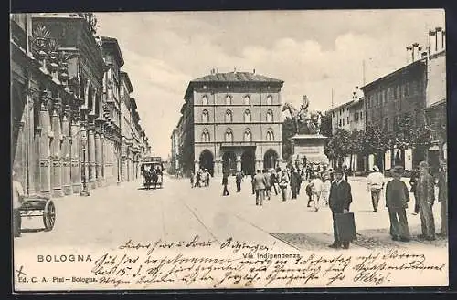 AK Bologna, Via Indipendenza, Pferdebahn