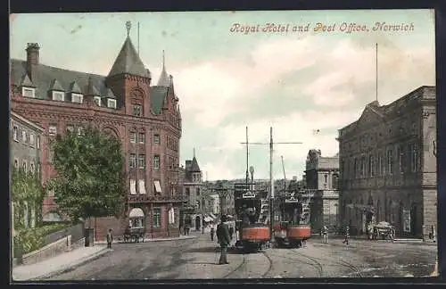 AK Norwich, Royal Hotel and Post Office, Strassenbahn