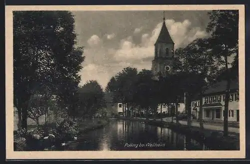 AK Polling bei Weilheim, Kirche und Flussufer